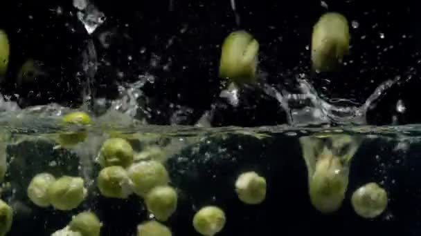 Close Brussels Sprouts Falling Water Splash Bubbles Black Background — 비디오