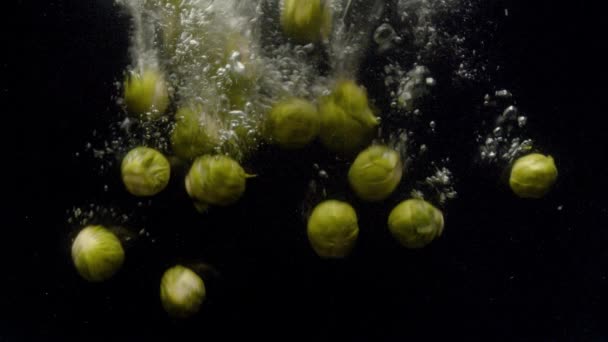 Cerrar Brotes Bruselas Cayendo Agua Con Chapoteo Burbujas Sobre Fondo — Vídeo de stock