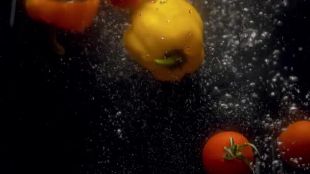 Close Tomatoes Paprika Falling Water Splash Bubbles Black Background — 비디오