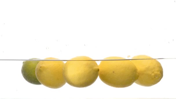 Feche Limões Frescos Flutuando Superfície Água Sobre Fundo Branco Movimento — Vídeo de Stock