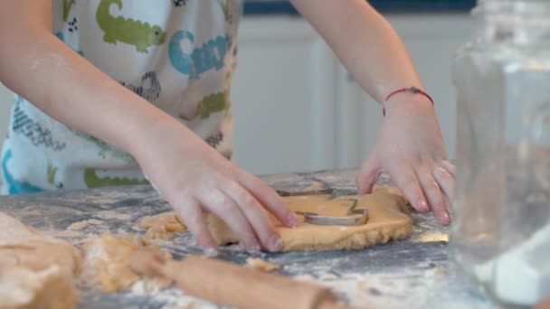 Meninos mãos fazendo biscoitos com um cortador de biscoitos — Vídeo de Stock