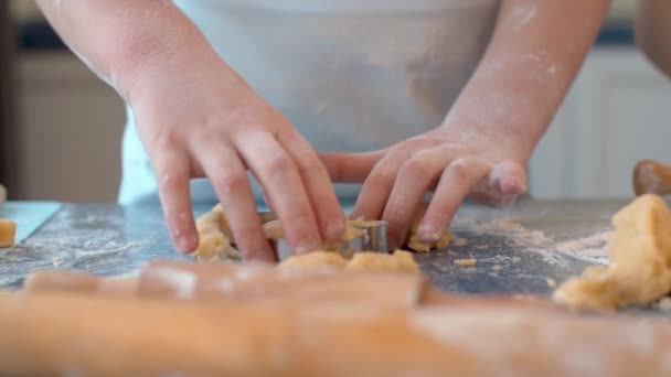 Menina tirando biscoitos do cortador de biscoitos — Vídeo de Stock