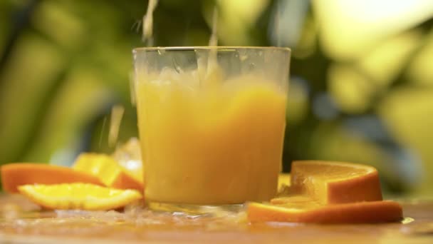 Всплеск апельсинового сока, падающего в стакан — стоковое видео