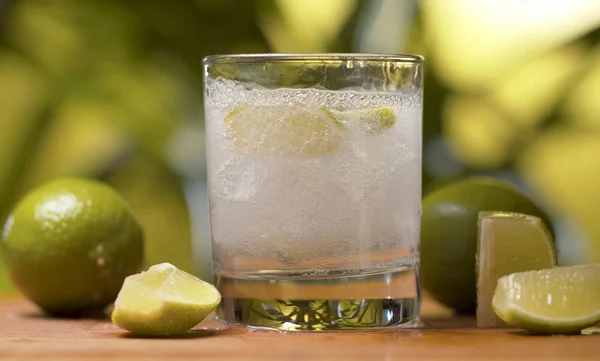 Närbild Tonic Läsk Glittrande Vatten Ett Glas Med Och Lime — Stockfoto