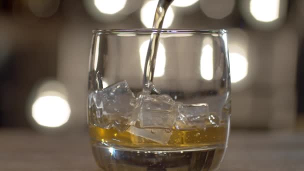 Närbild Häller Whisky Dricksglas Med Isbitar Bar Räknare Bakgrunden Suddiga — Stockvideo