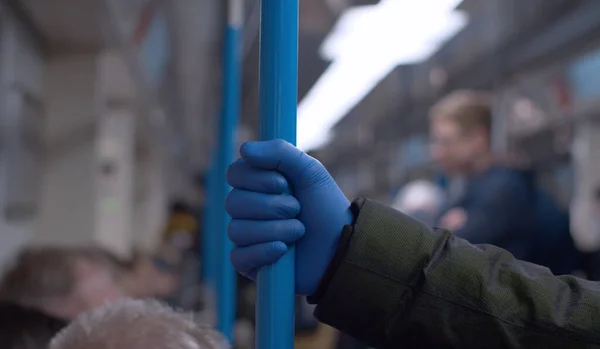 Close Hand Protective Glove Holds Grab Bar Subway Car Man — Stock Photo, Image