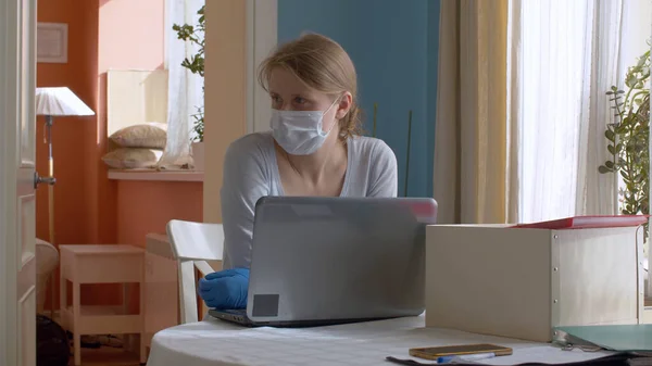 Portrait Young Woman Working Home Lady Protective Mask Gloves Kitchen — Stock Photo, Image