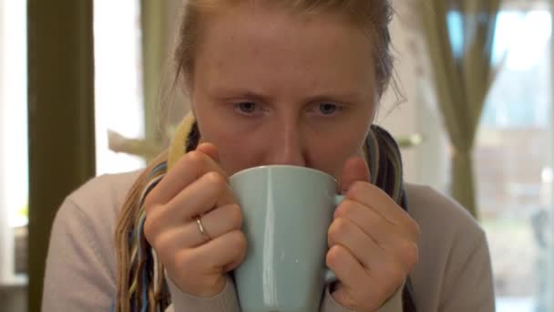 Close Portrait Sick Woman Drinking Hot Tea Natural Influenza Treatment — Stock Video