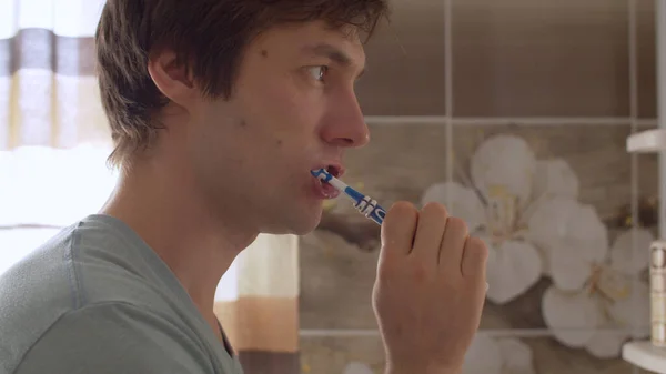 Young Man Brushes His Teeth Beautiful Bathroom Close Male Portrait — Stock Photo, Image