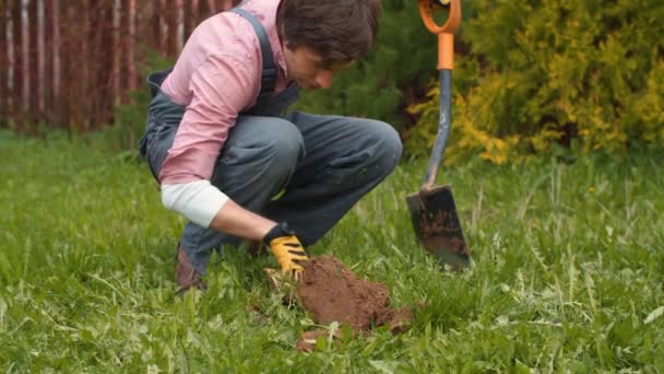 Садовник копает землю на лужайке во дворе — стоковое видео