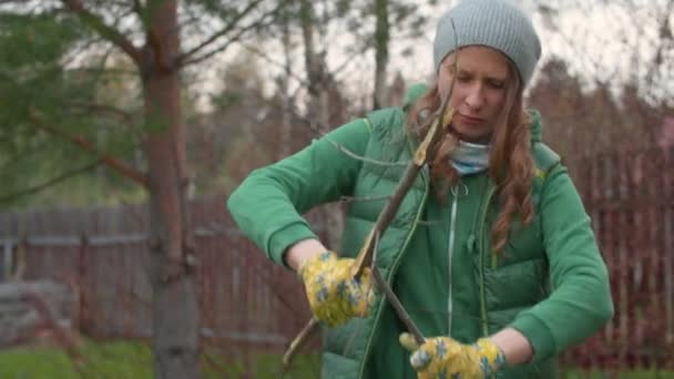 Mujer rompiendo una rama de árbol para una hoguera — Vídeo de stock