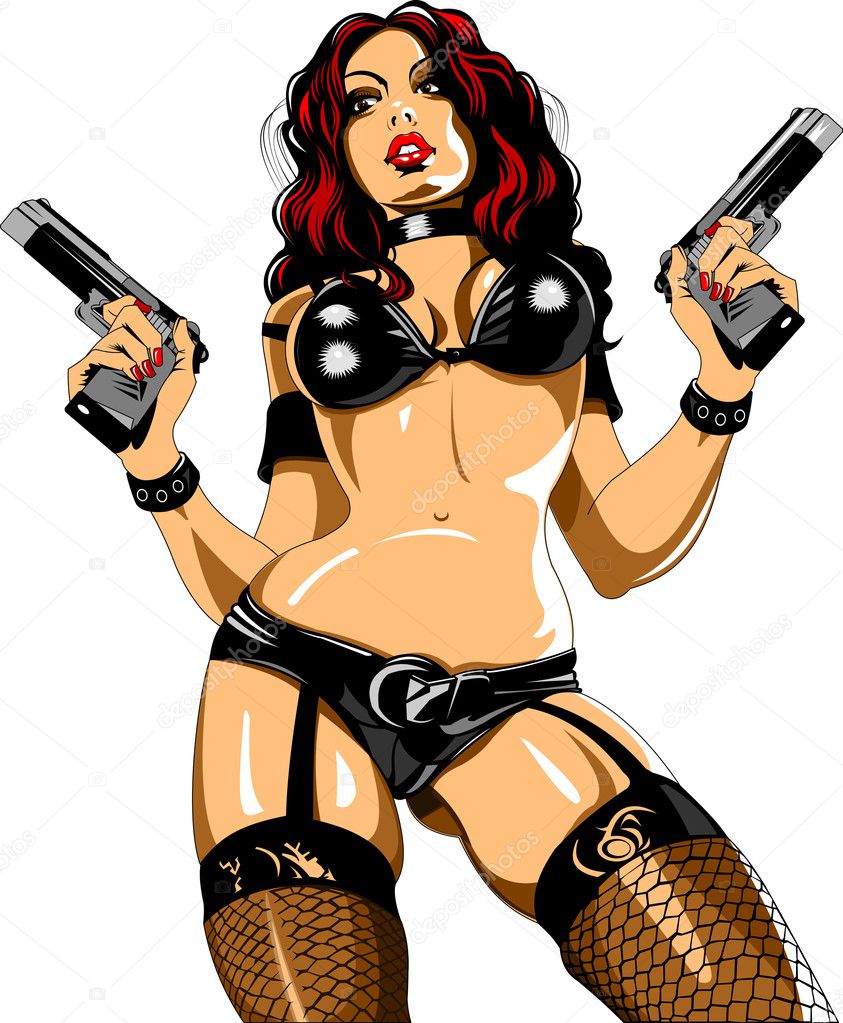 girl in black bikini with two guns