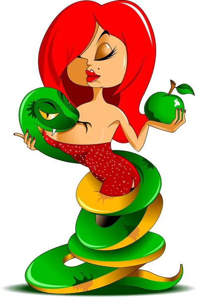 美丽的女人，与蛇和苹果 — 图库矢量图片