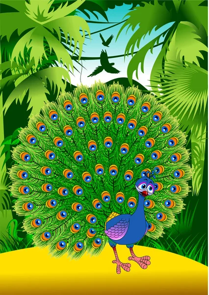 Peacock in the jungle illustration — Stock Vector