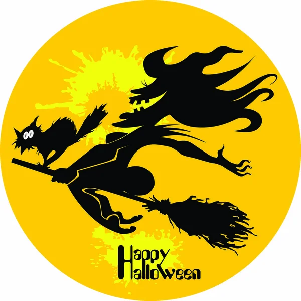 Bruja en escoba tarjeta de Halloween — Vector de stock