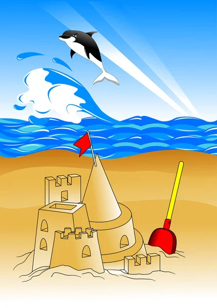 Playa con juguetes y castillo de arena — Vector de stock