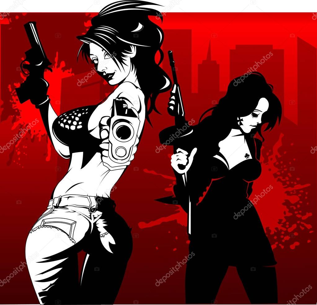 Two babes with guns