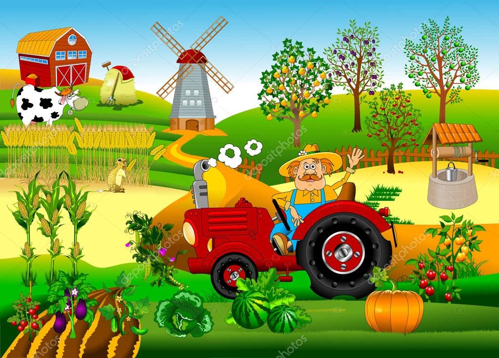 A vector illustration of a farmer riding a tractor working in his farm