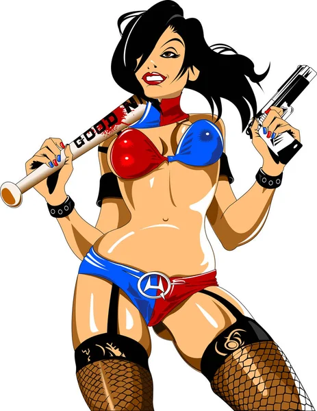 Femme avec batte de baseball et pistolet — Image vectorielle