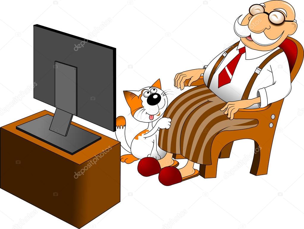 Clipart watch tv Old man in chair watching TV — Stock Vector