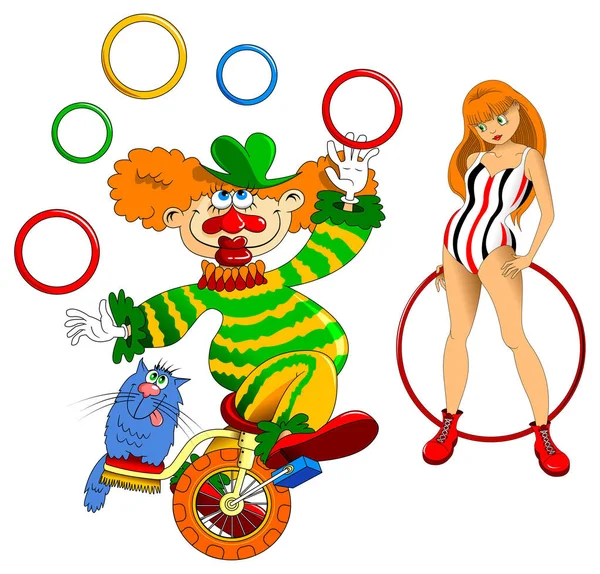小丑与猫和呼啦圈的女孩 — 图库矢量图片