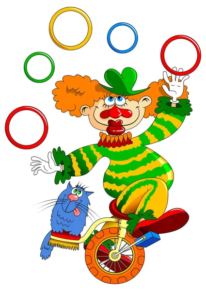 Clown sur vélo et chat — Image vectorielle