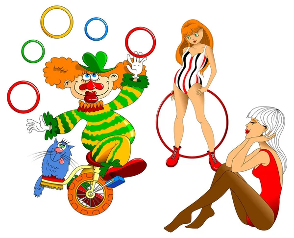 两个体操运动员和小丑 — 图库矢量图片