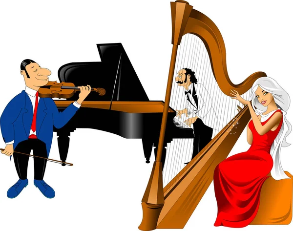 Violinista alegre, pianista y chica — Vector de stock