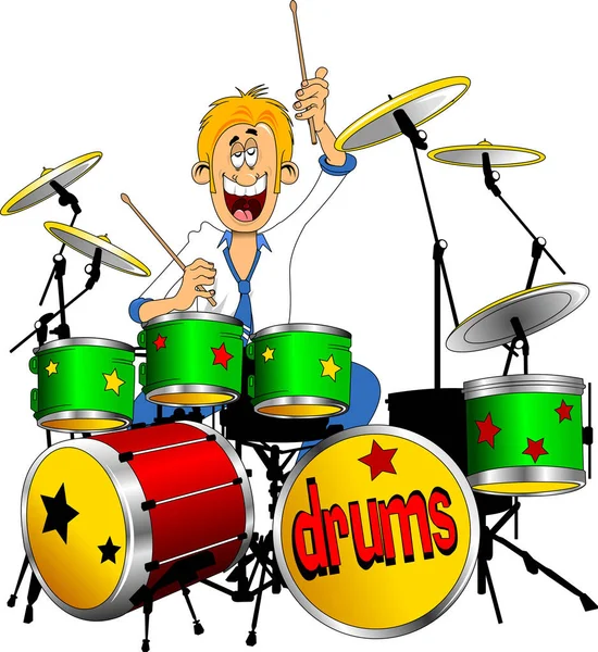 Веселий барабанщик грає на барабанах — стоковий вектор