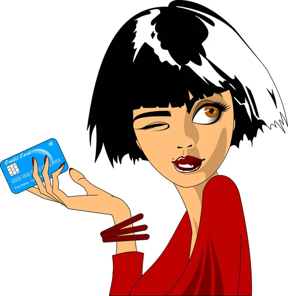 Mujer Con Tarjeta Crédito Mano — Vector de stock