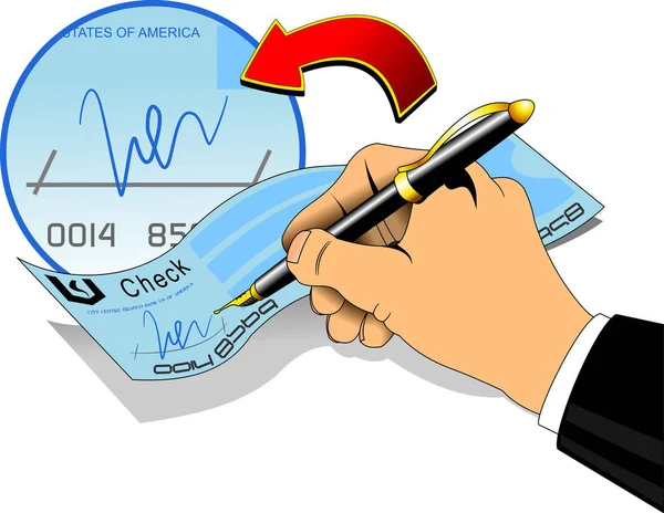 Hand Holding Pen Signing Blank Check — Stock Vector
