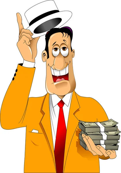 Cheerful Man Bundles Money His Hands — Stock Vector