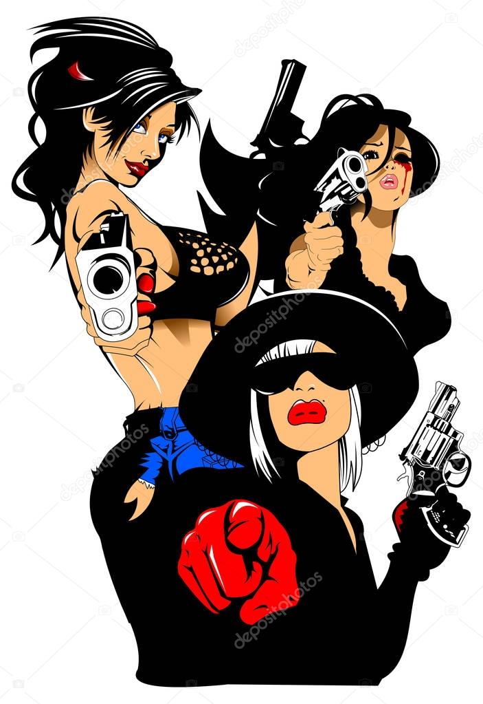 Three beautiful and dangerous women with arms, vector illustration