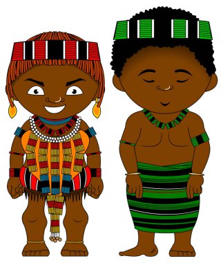 Afrikalı çift Etiyopya Hamer kabilesinden Ulusal Afrika kıyafetleri, vektör, illüstrasyon 