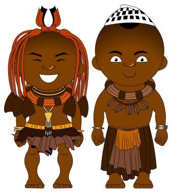 Afrikalı çift Himba kabilesi üzerinden Ulusal Afrika kıyafetleri, vektör, illüstrasyon