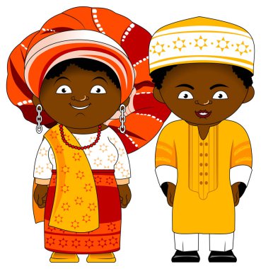 Afrikalı çift Nijerya'dan Ulusal Afrika kıyafetleri, vektör, illüstrasyon