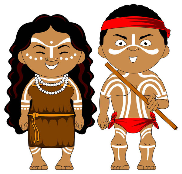 couple in traditional costumes of Australia aborigines, vector, illustration