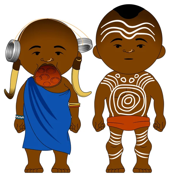 Alegre Pareja Africana Mursi Etiopía Ropa Nacional Africana Vector Ilustración — Archivo Imágenes Vectoriales