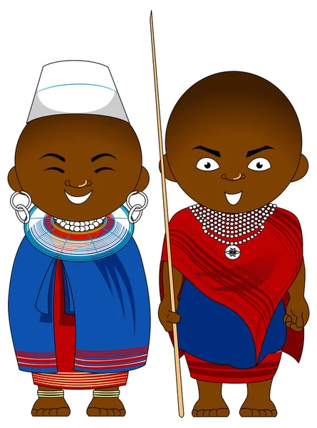 Alegre Pareja Africana Tanzania Masai Ropa Nacional Africana Vector Ilustración — Archivo Imágenes Vectoriales