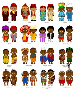 Afrikalı kadın ve erkek Ulusal geleneksel Kostümler, vektör, illüstrasyon 
