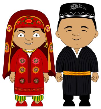 Tacikistan, vektör, illüstrasyon Ulusal geleneksel kostümleri genç Çift