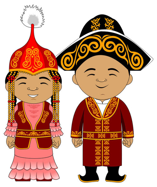 молодая пара в национальных традиционных костюмах Казахстана, вектор, иллюстрация

