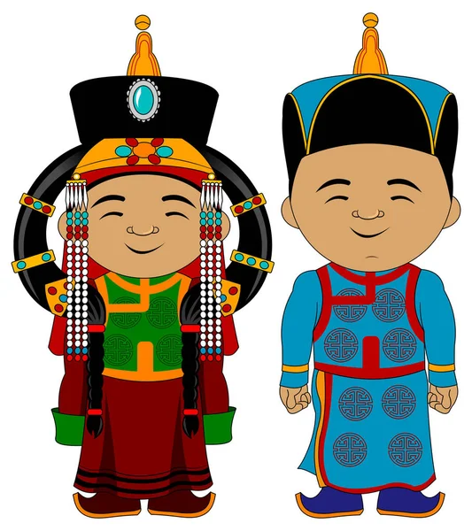 Moğolistan, vektör, illüstrasyon Ulusal geleneksel kostümleri genç Çift