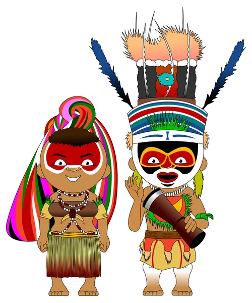 Молода Пара Традиційні Костюми Національні Папуа Нова Гвінея Вектор Ілюстрація — стоковий вектор