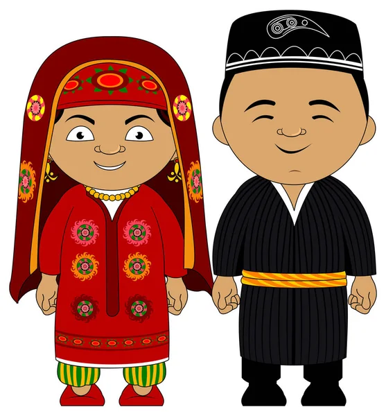 Pareja Joven Trajes Tradicionales Nacionales Tayikistán Vector Ilustración — Vector de stock