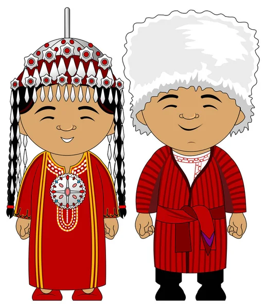 年轻夫妇在土库曼斯坦民族传统服饰 — 图库矢量图片