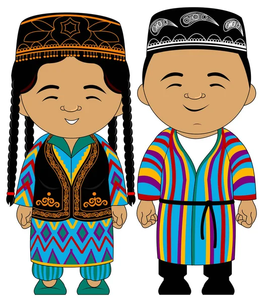 Jovem Casal Trajes Tradicionais Nacionais Uzbeques Vetor Ilustração — Vetor de Stock