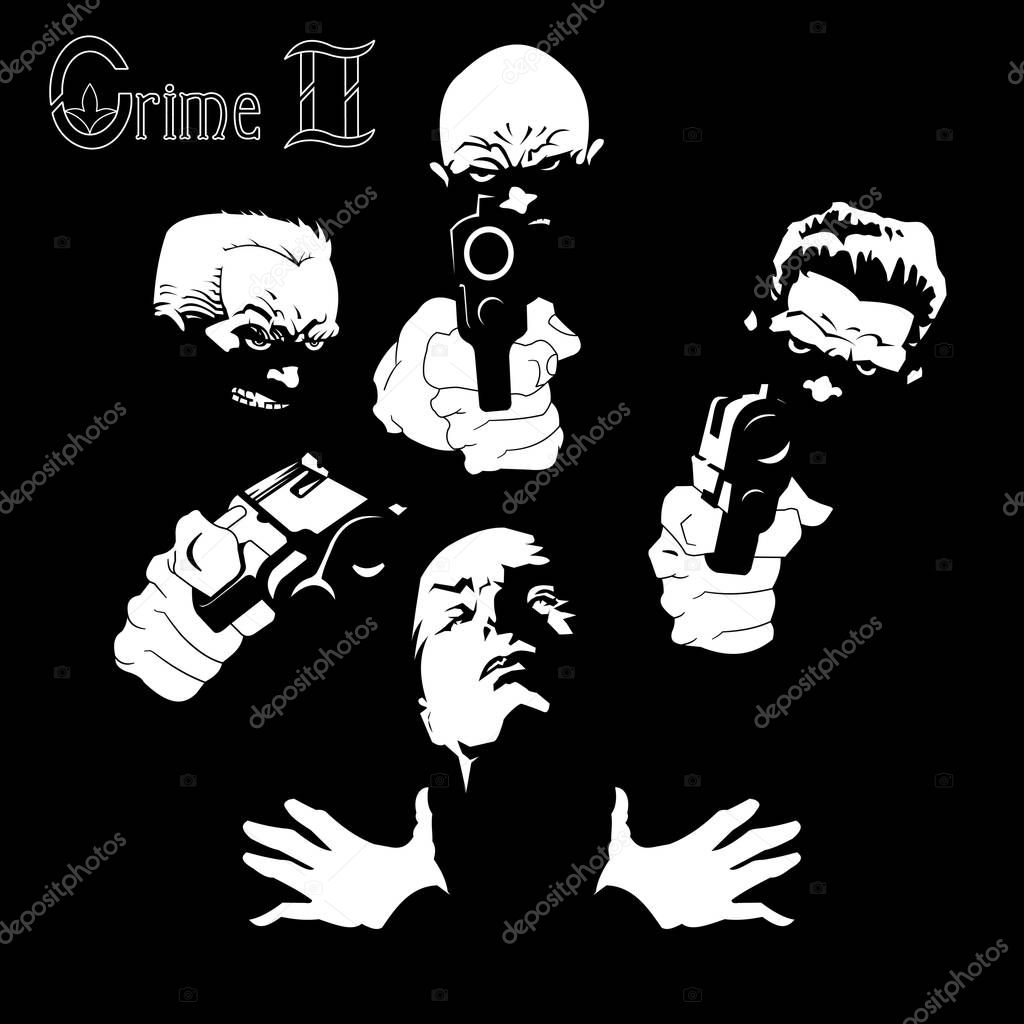 banner with victim and criminal group holding pistols on dark background, vector, illustration