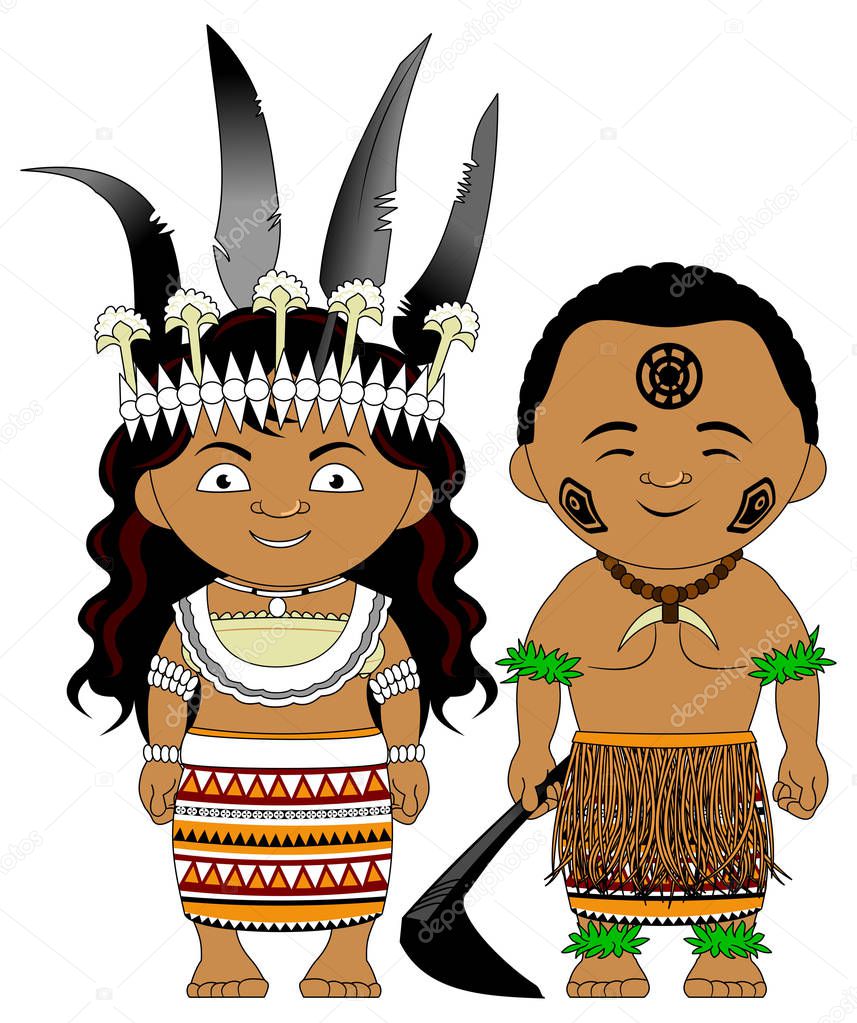 couple in traditional costumes of Fiji, vector, illustration