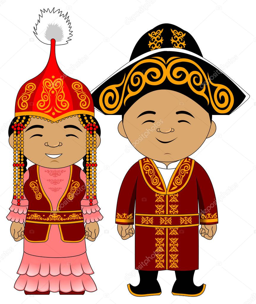 young couple in national traditional costumes of Kazakhstan, vector, illustration